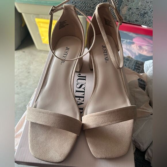 NIB JustFab Tan Heels with Suede Finish and Ankle Strap - Picture 2 of 14